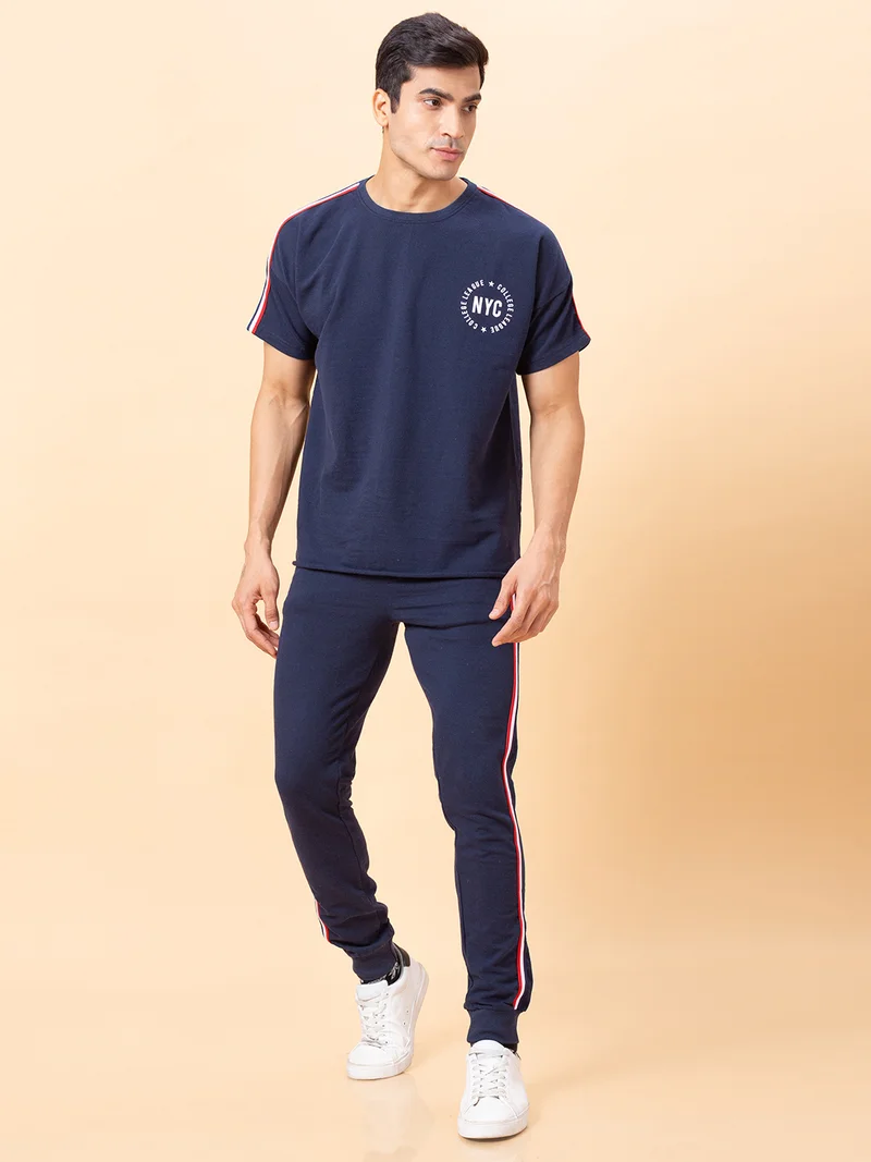globus  Globus Men Navy Solid Cotton Sports Co-Ords Set with T-shirt and Jogger for Men | Best Price UAE